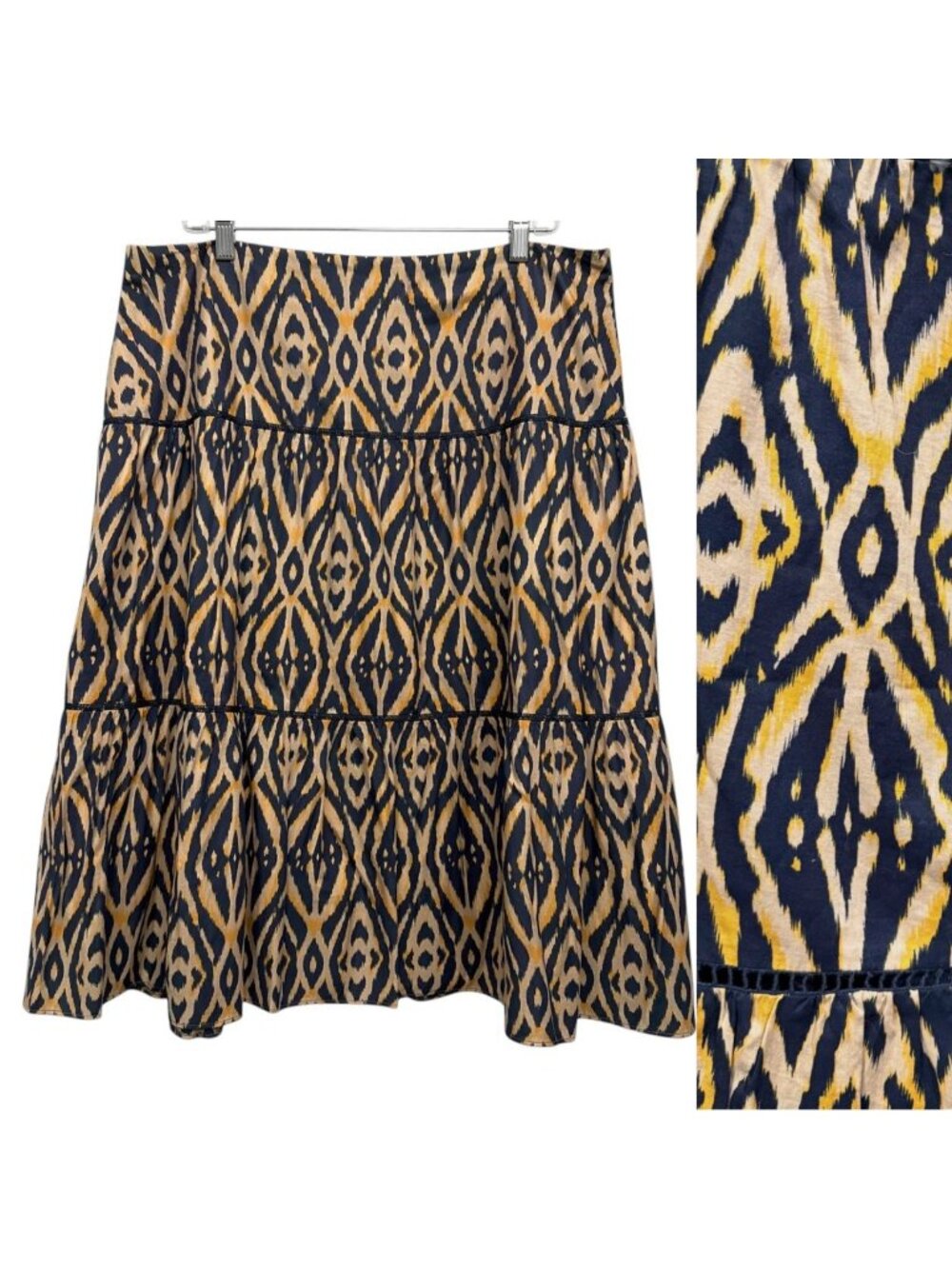 Boho‎ Ikat Tiered Midi Skirt Ladder Trim Flowy Cotton Resort Wear Size 16W NEW